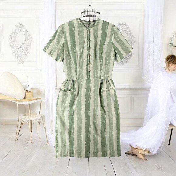 Vintage 50s-60s Dress The Jones Girl Green White Striped Short Sleeve Size 16 - Picture 1 of 10